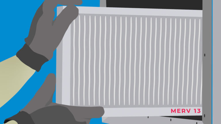 An animated image depicting a person putting a MERV air filter into an HVAC system.